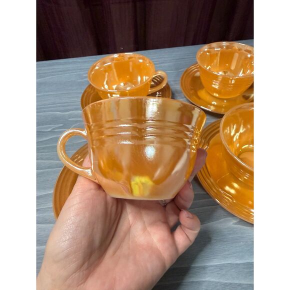 Vintage Fire-King Peach Lustre Cups & Saucers (Set of 4) – 1950s Anchor Hocking - Picture 3 of 5